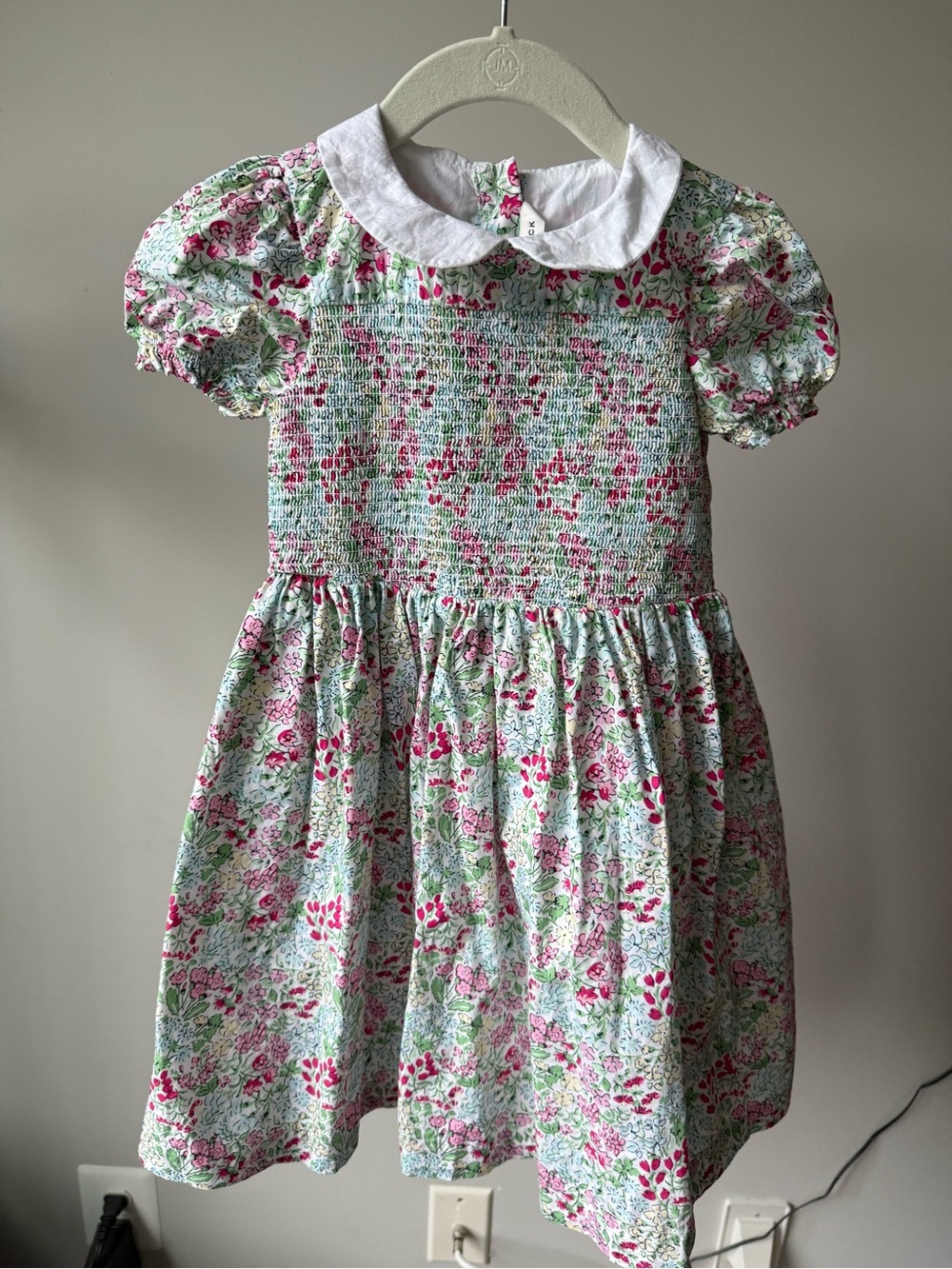 Janie and Jack Pink & Green Floral Smocked Dress with White Peter Pan Collar